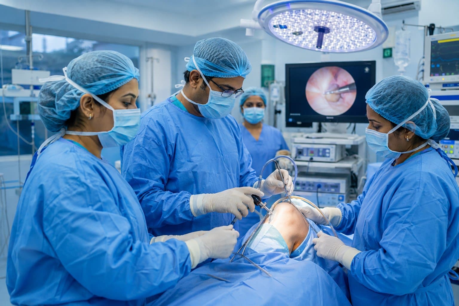 Surgical team performing arthroscopic knee surgery