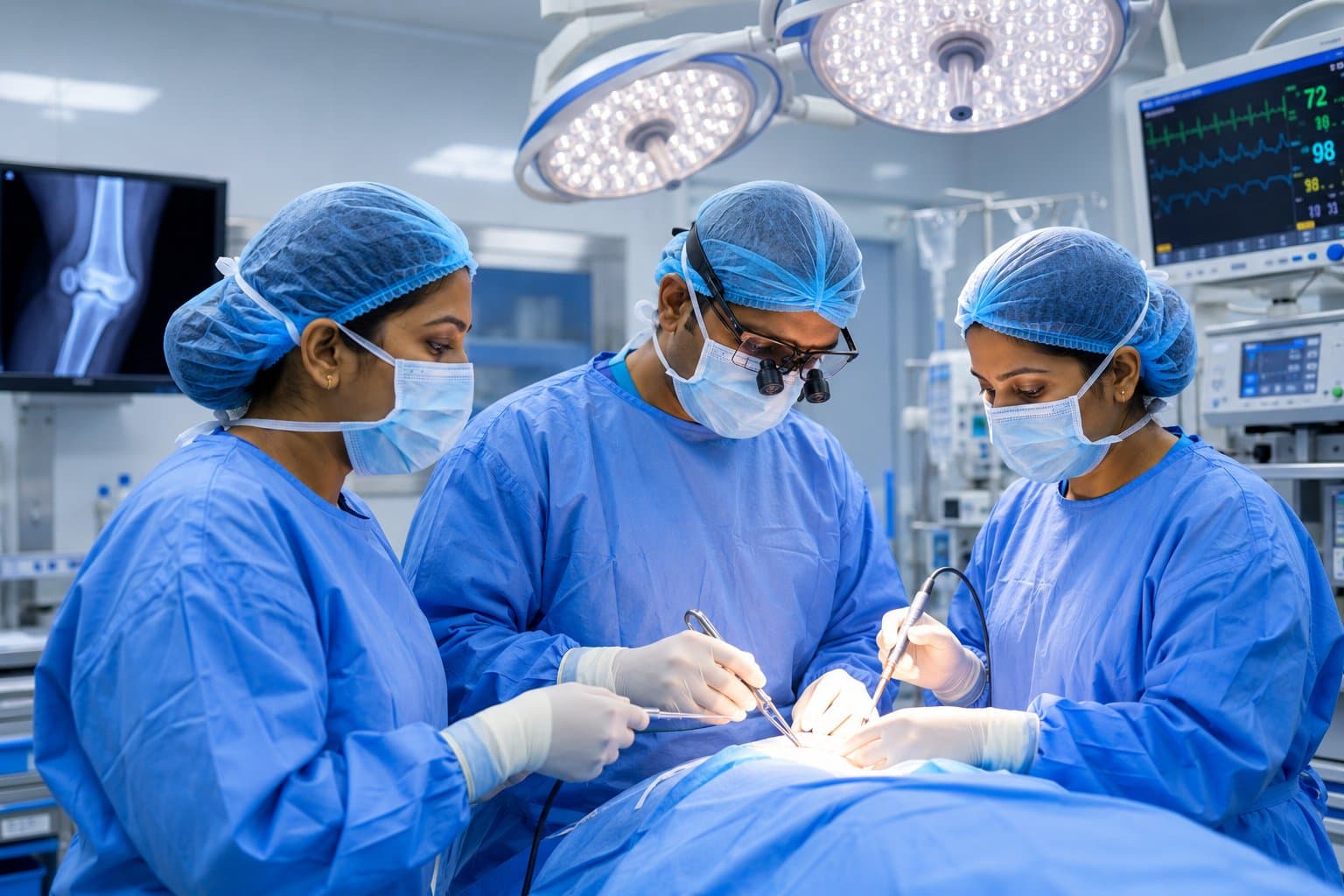 Surgical team performing orthopaedic surgery with X-ray reference on screen