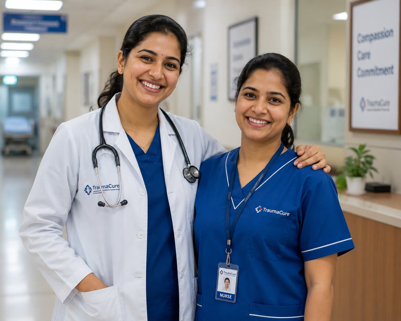 TraumaCure doctor and nurse in branded scrubs and ID badge